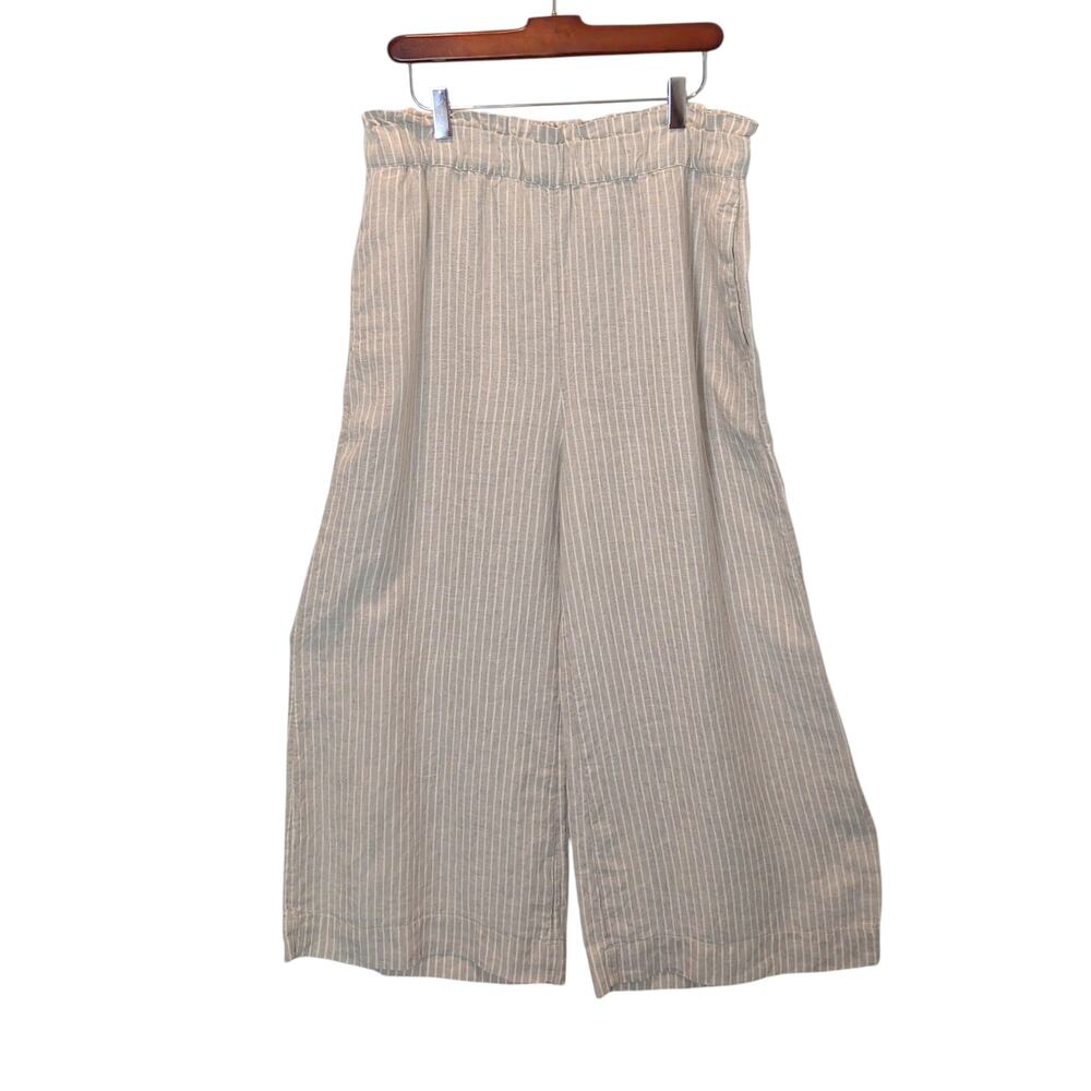 Chico's Sz 2 (US 12) 100% Linen Loose Fit Pull On Pants Tan Stripe Cropped
